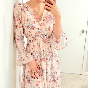 #064 | S/M | Floral V-Neck Ruffle Long Sleeve Midi/Maxi Dress | Pink